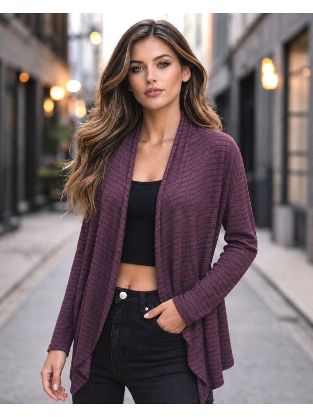 Chicos Zenergy Size 2 Purple Striped Open Front Cardigan Lightweight Lounge Cozy